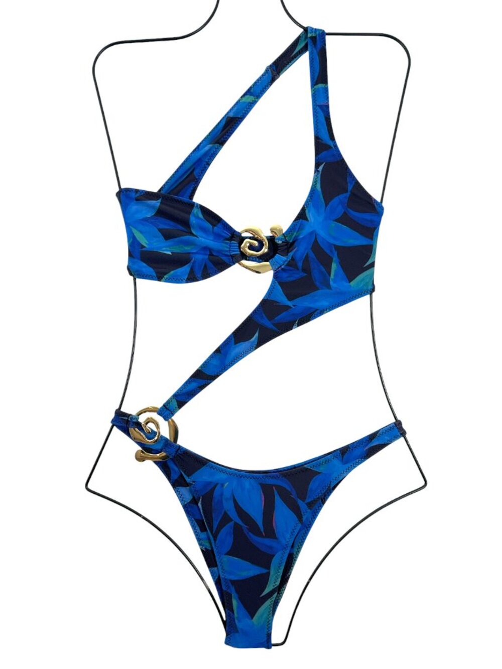 SAME Swimwear Spiral Swirl One Shoulder One Piece Cut Out Swimsuit Blue XS NWOT
